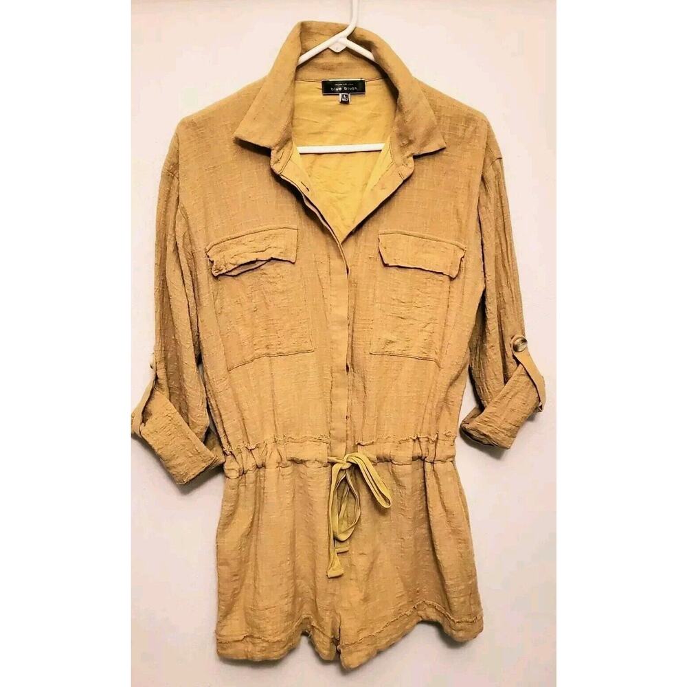 Blue Blush Linen Gauze Camel Women's Romper Button Up Lightweight BoHo Size L